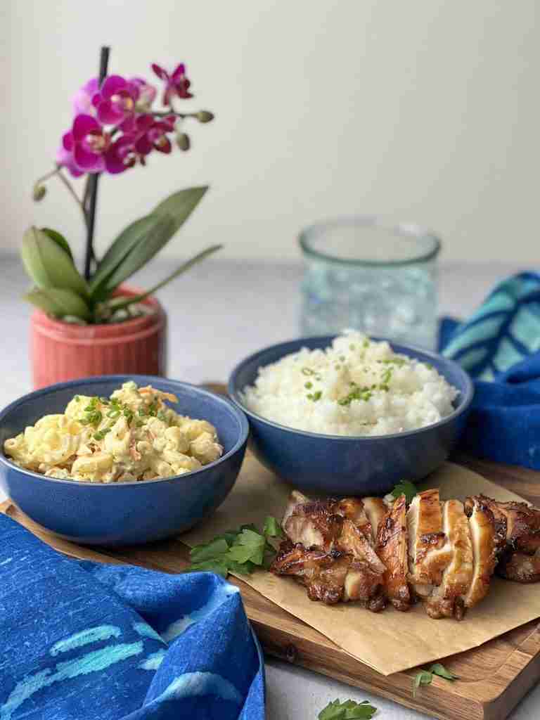 Hawaiian plate lunch, grilled chicken, mac salad and sticky rice