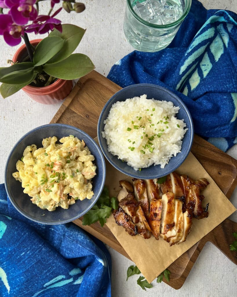 Hawaiian plate lunch on a board