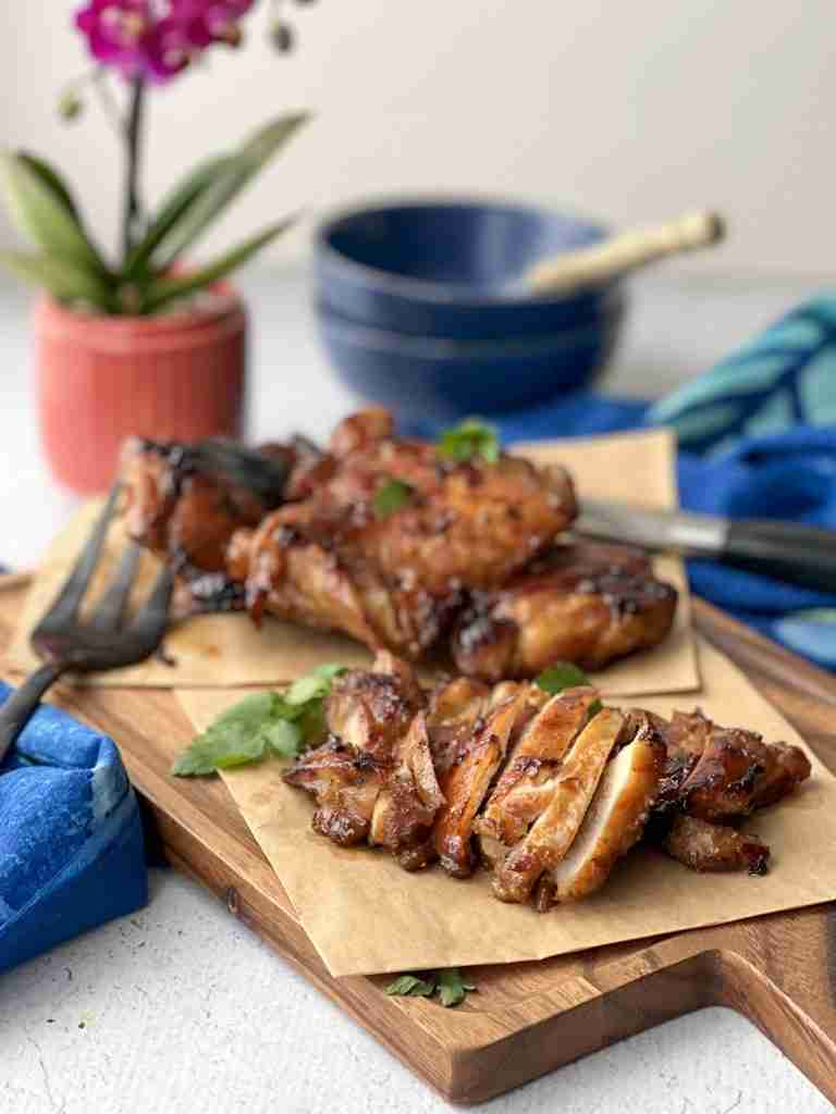 Hawaiian bbq chicken on a cutting board