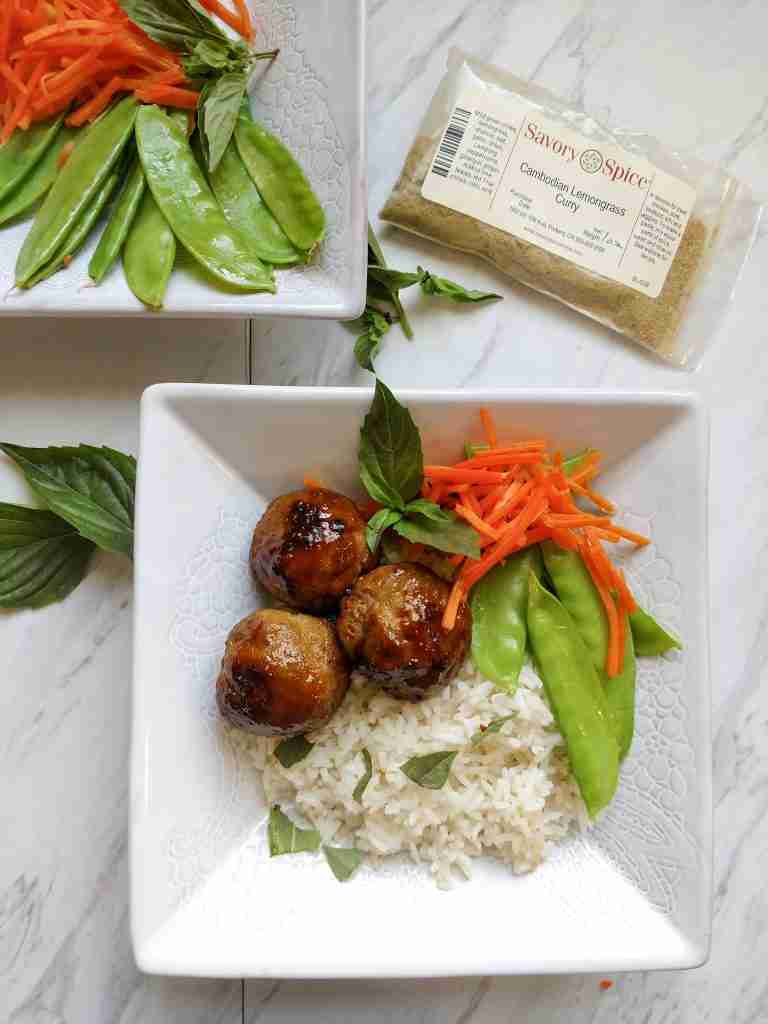 Cambodian Lemongrass Meatballs in a bowl with rice and vegetables