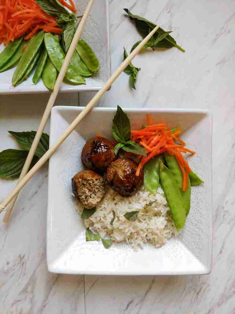 Cambodian Lemongrass Meatballs with coconut jasmine rice, snow peas and carrots