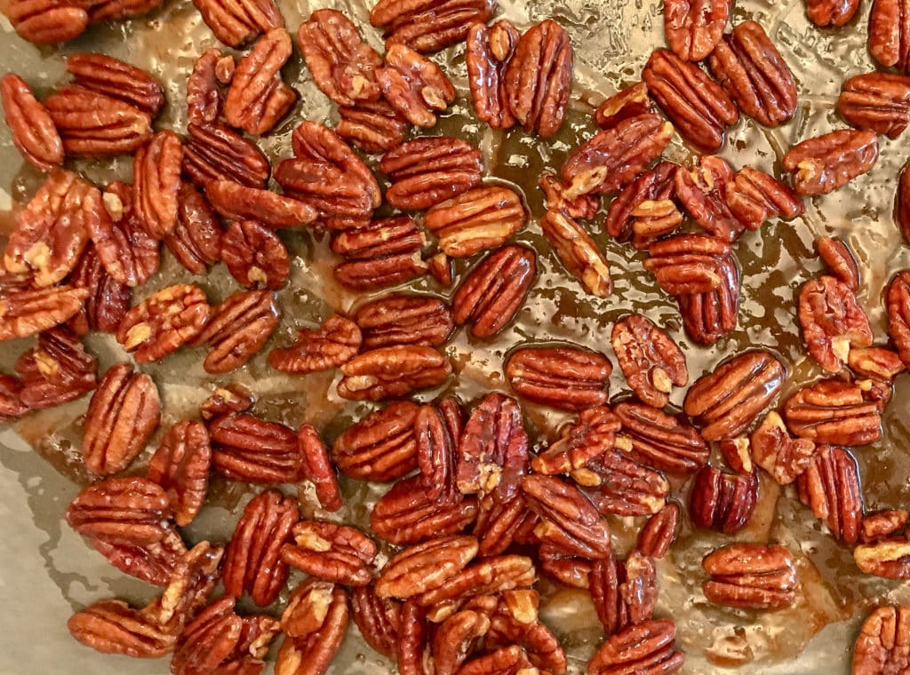 pan of sweet and spicy glazed pecans