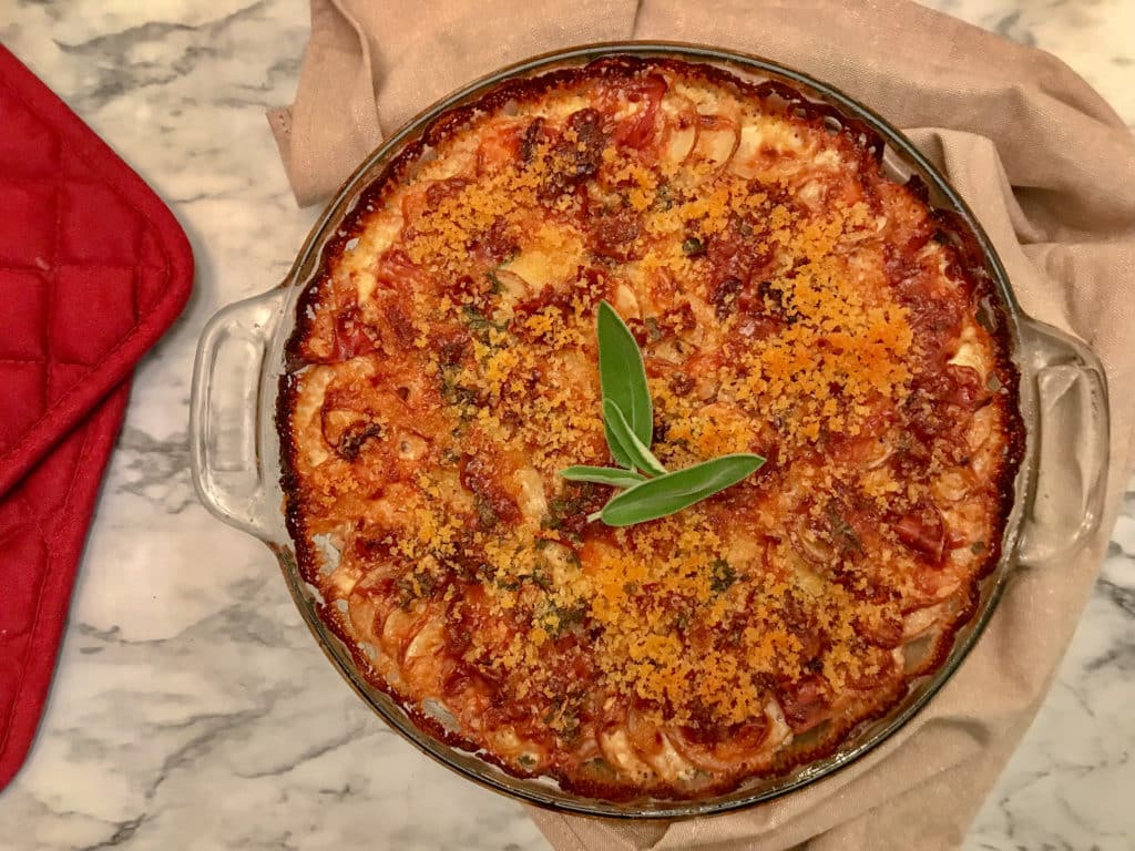Red Potato Gratin with Caramelized Shallots and Crispy Prosciutto