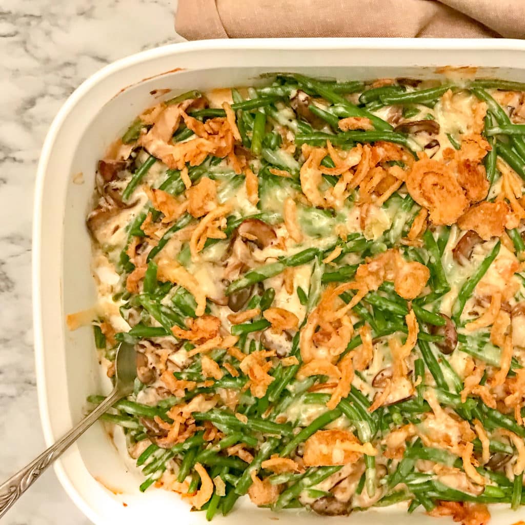 A casserole sitting on top of a table