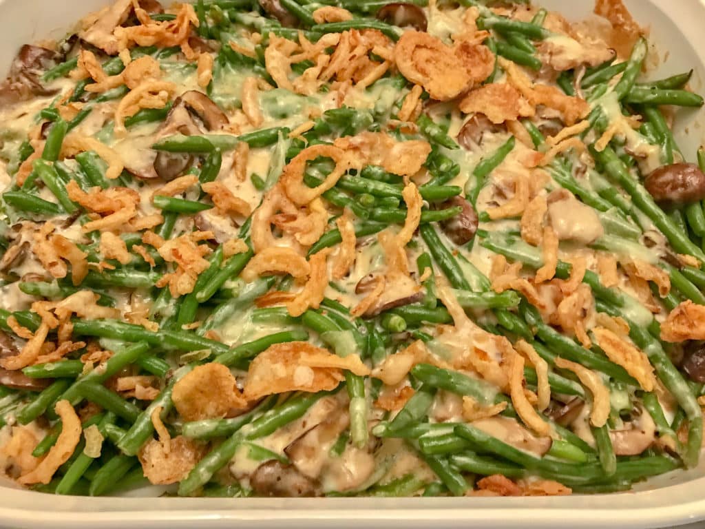 French green bean and mushroom casserole close up