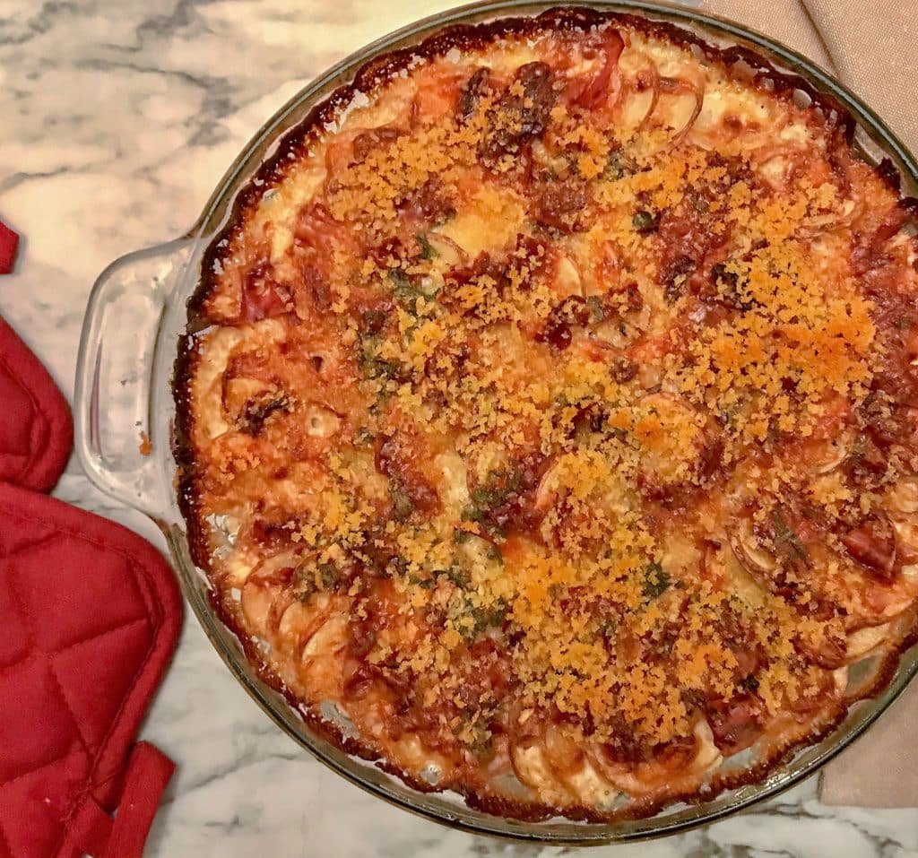 A casserole sitting on top of a table