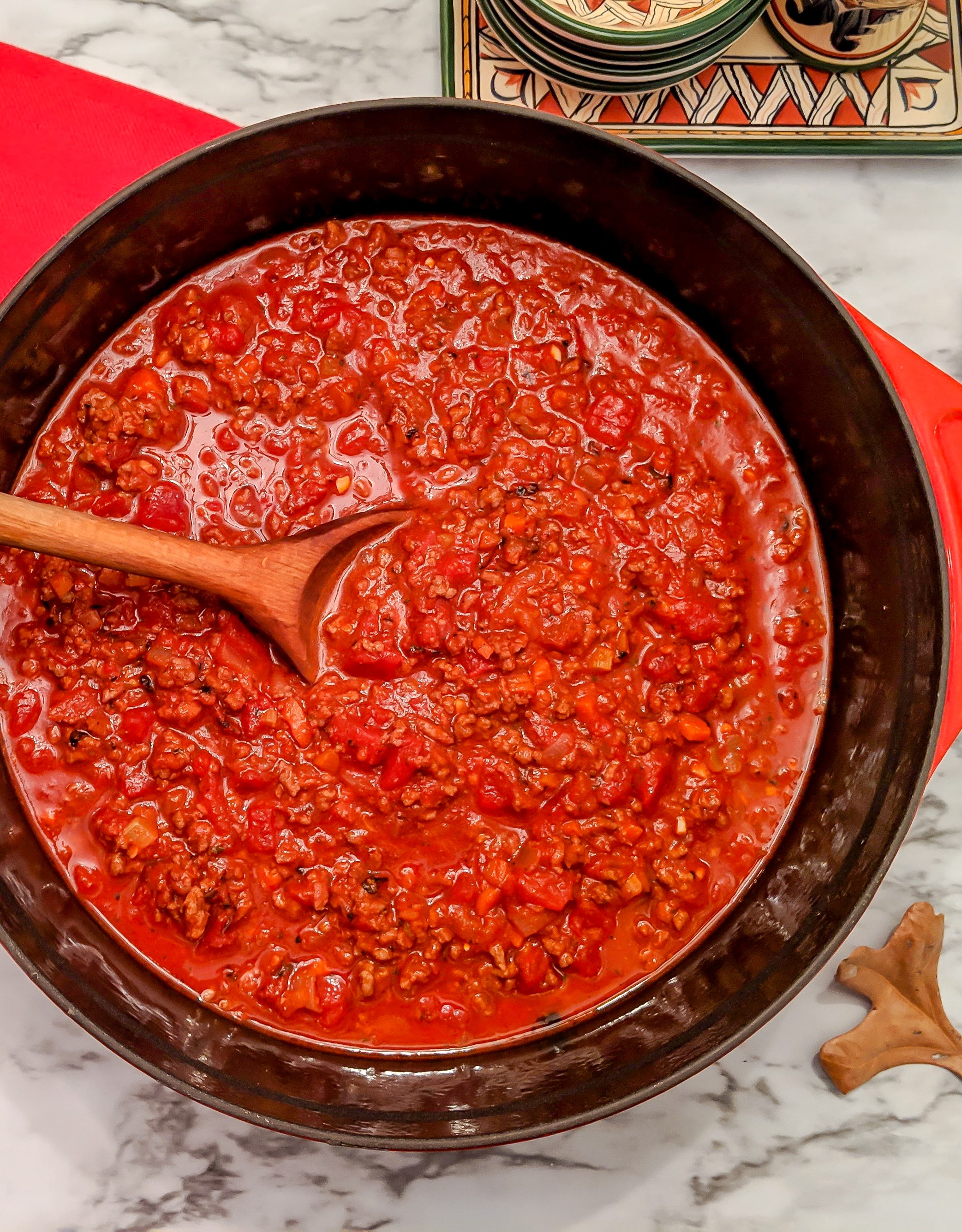 close up of bolognese sauce in a pot