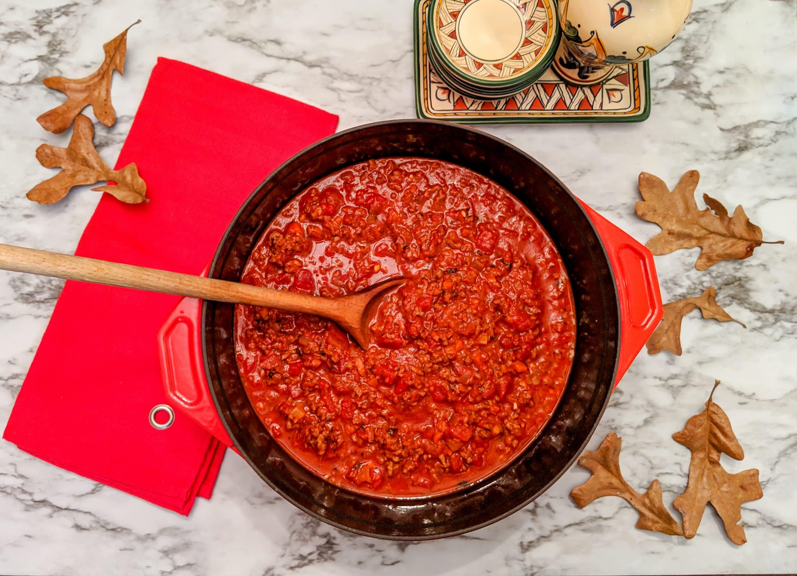 Bolognese sauce in a cast iron pot