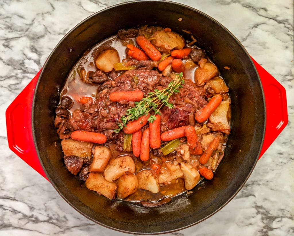 A pan filled with meat and vegetables