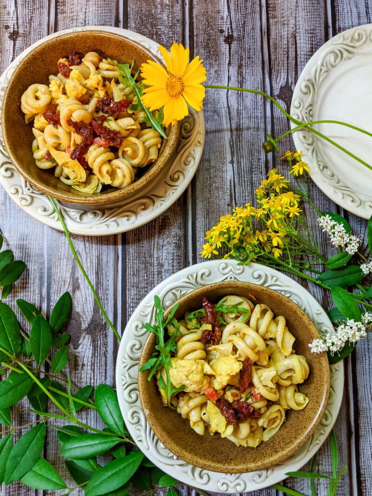 Pasta Salad with Roasted Cauliflower, Chickpeas and Creamy Roasted Garlic Tahini Dressing