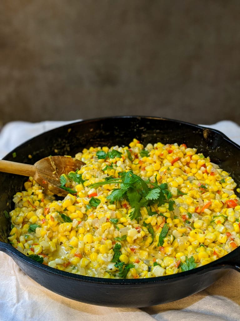 corn maque choux in a pan