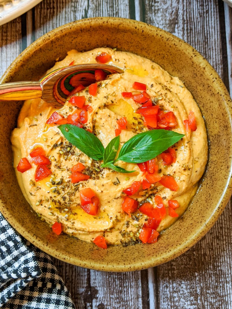 Roasted Red Pepper Hummus with garnish
