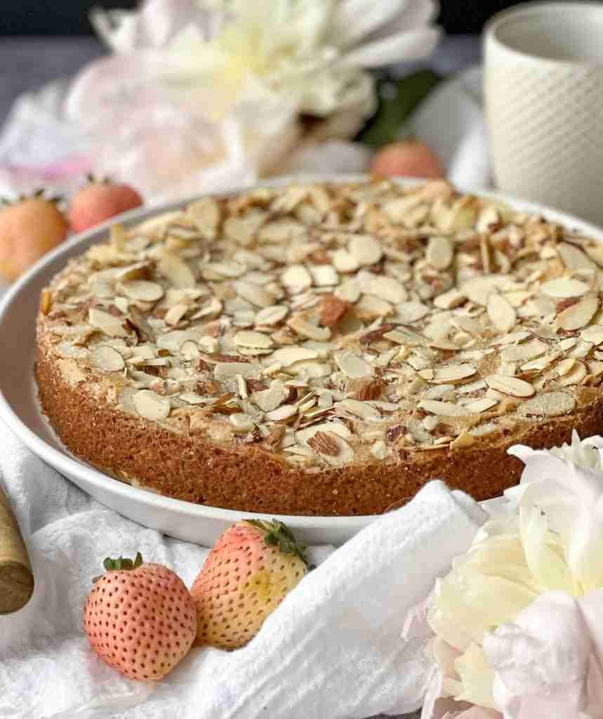 Italian Almond Cake with flowers and garnish